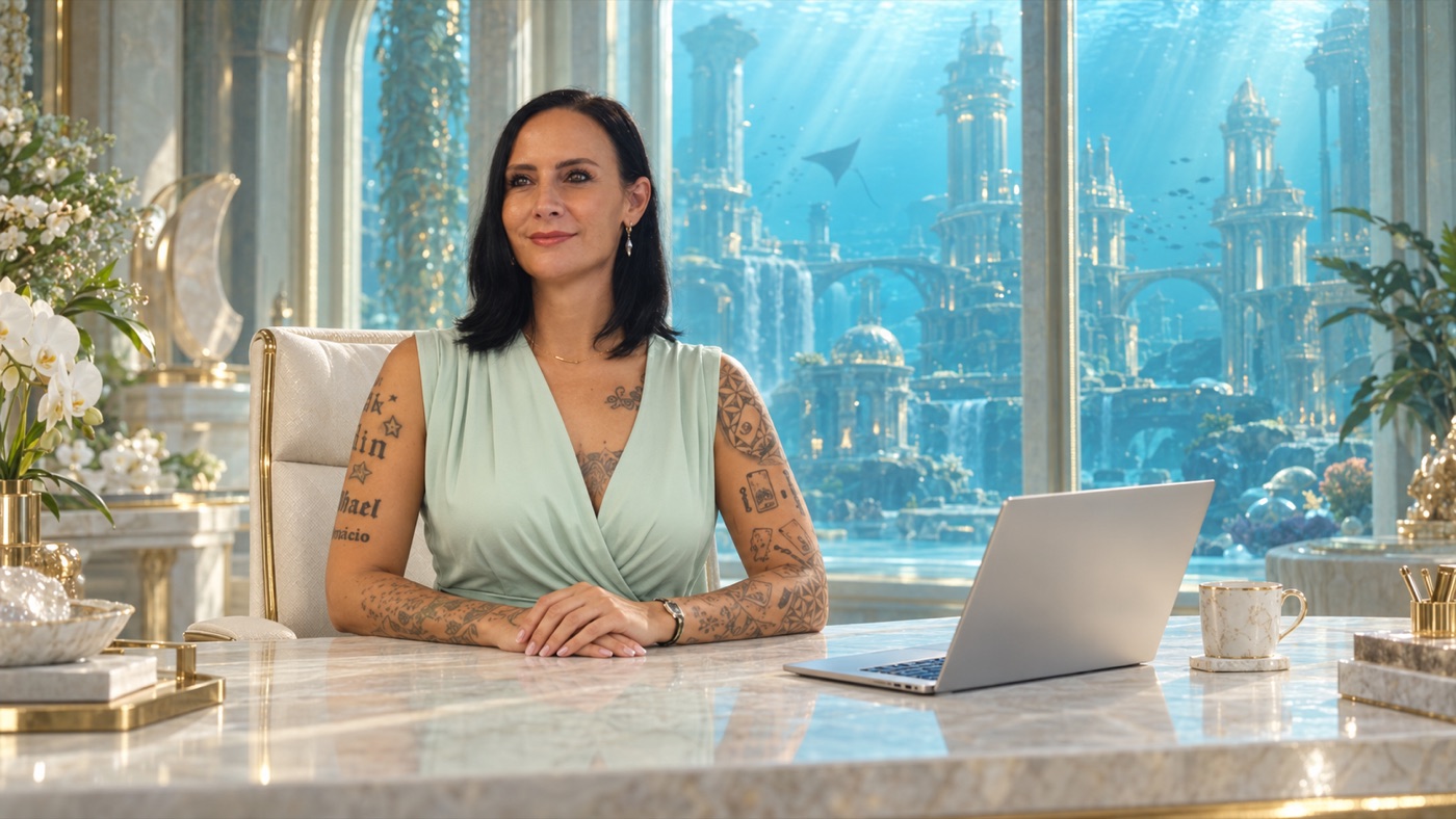 Jennifer Gräser, Gründerin von Soul Code Marketing, sitzt lächelnd an einem Marmorschreibtisch mit Laptop, hinter ihr ein Panoramafenster mit Blick auf eine leuchtende Unterwasserstadt.