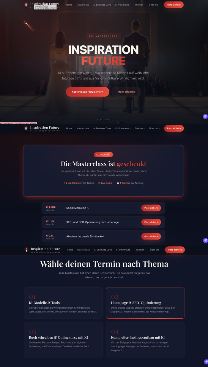 Website Inspiration Future Masterclass, KI-Event-Seite, umgesetzt von Soul Marketing